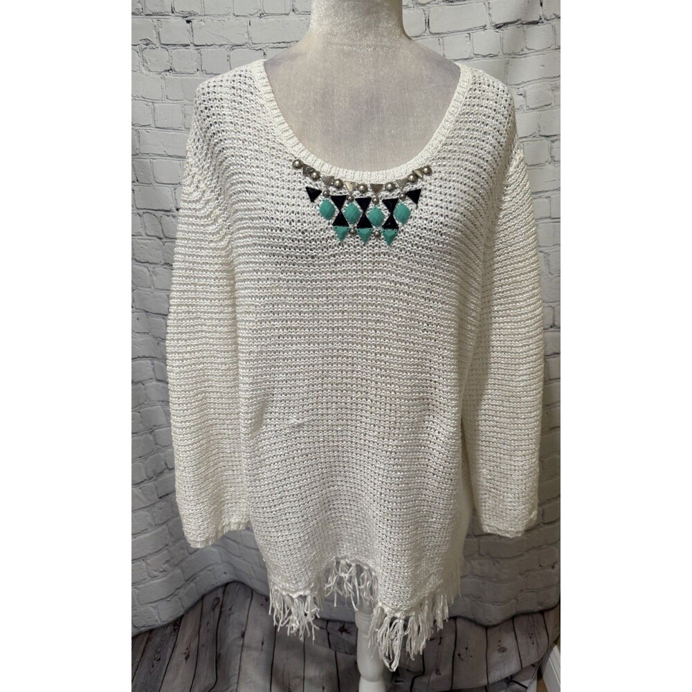 Ruby Rd. Favorites White Open Knit Top With Beading Cotton Blend Plus Size 1X
